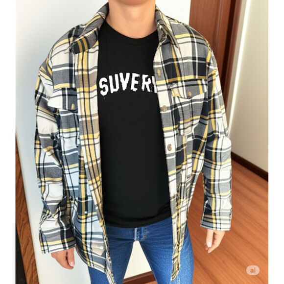 Burnside  Plaid Flannel Button-Up Shirt Men’s Medium Black and Yellow - Picture 1 of 4